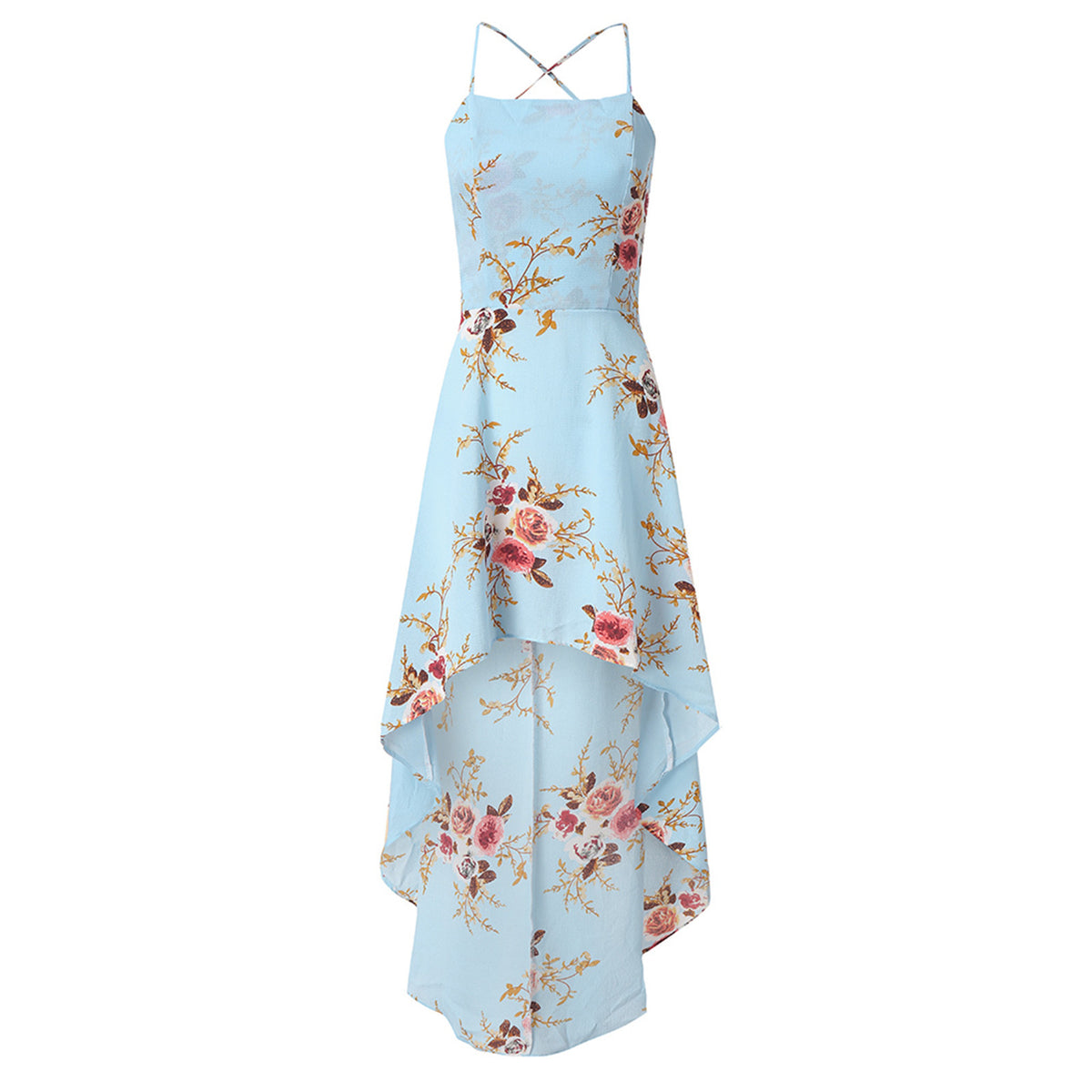 Women Holiday Floral Print Long Dresses Summer Spaghetti Strap Beach Swing Party A Line Dress Sexy Backless Irregular Dress Robe