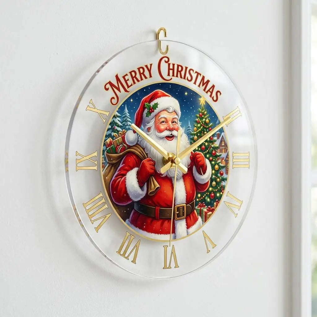 Custom Santa Claus Reindeer Acrylic Wall Clock 10 Christmas Holiday Decor, Transparent Edge, Silent Quartz
