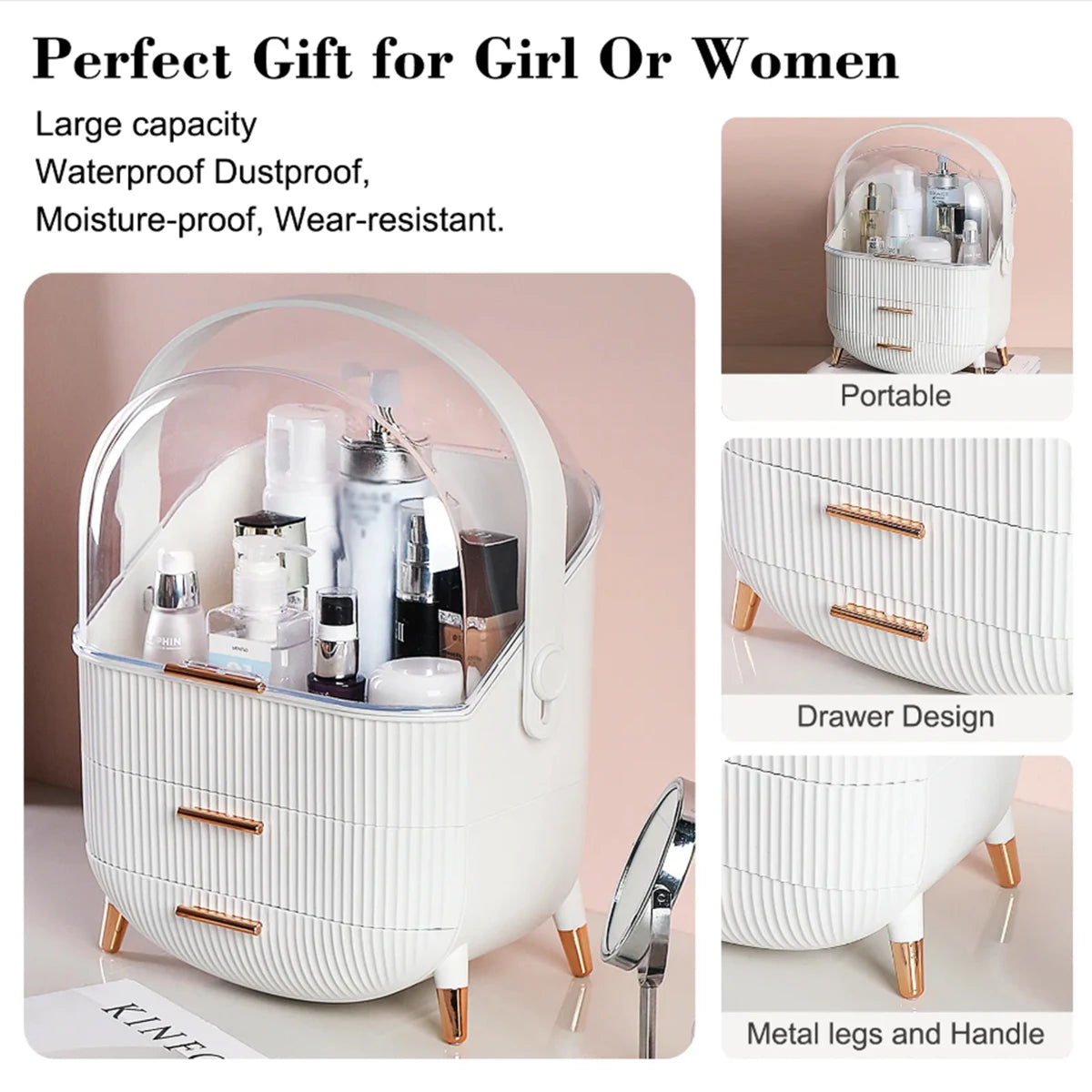 Makeup storage box suitable for dressing table and bathroom countertop transparent lid cosmetic storage container