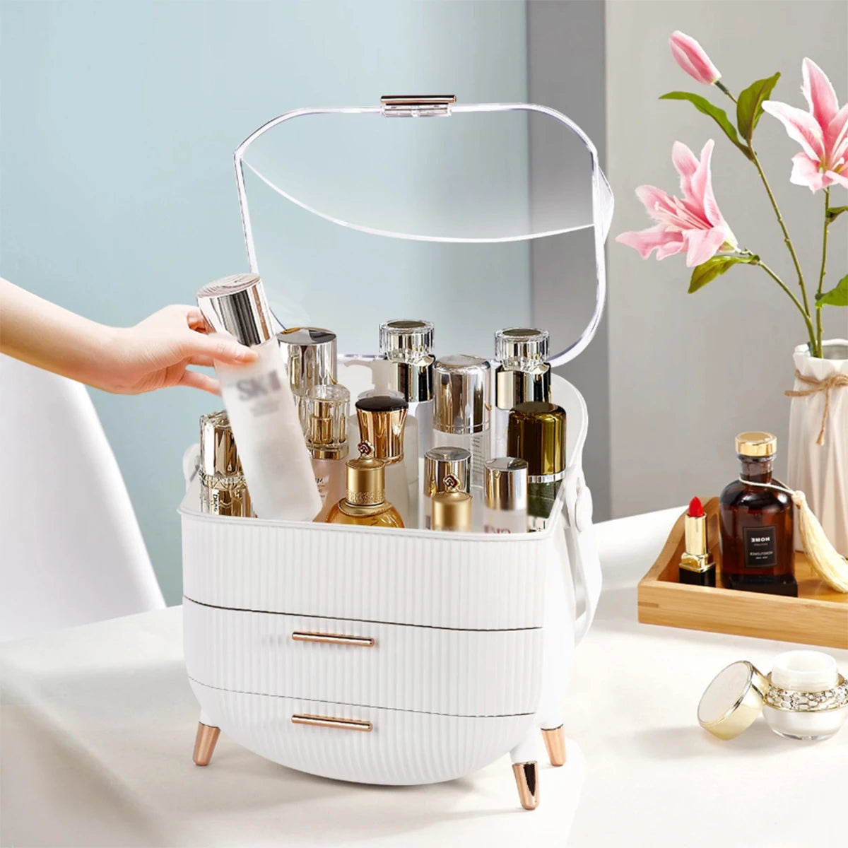 Makeup storage box suitable for dressing table and bathroom countertop transparent lid cosmetic storage container