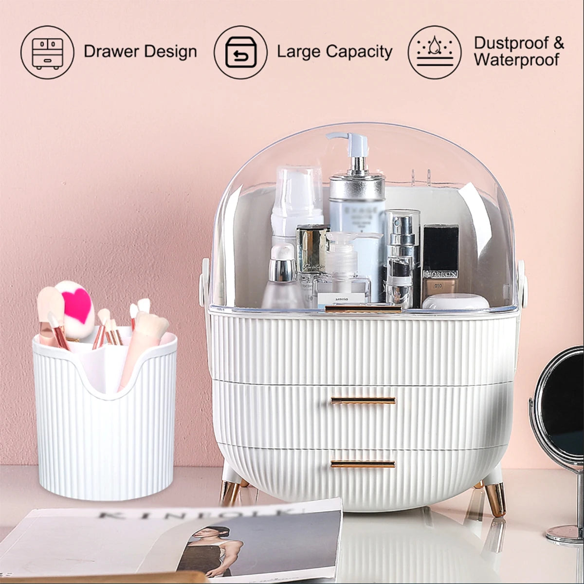 Makeup storage box suitable for dressing table and bathroom countertop transparent lid cosmetic storage container