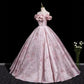 Elegant Pink Off-the-Shoulder Ruffle Neck Lolita Ball Gown Jacquard Floral Dress Tea Party Prom Formal Evening Victorian Dress