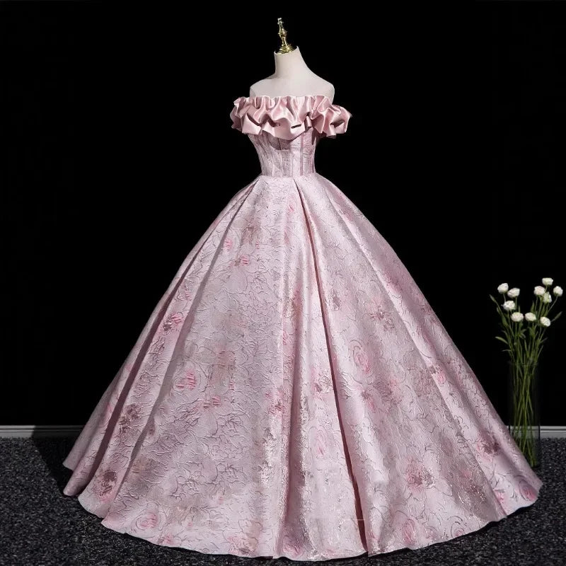 Elegant Pink Off-the-Shoulder Ruffle Neck Lolita Ball Gown Jacquard Floral Dress Tea Party Prom Formal Evening Victorian Dress
