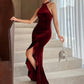 Burgundy Velvet Halter Neck Mermaid Gown High Neck Split Evening Party Dress for Women Wedding Guest Prom Formal Dresses
