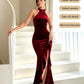 Burgundy Velvet Halter Neck Mermaid Gown High Neck Split Evening Party Dress for Women Wedding Guest Prom Formal Dresses