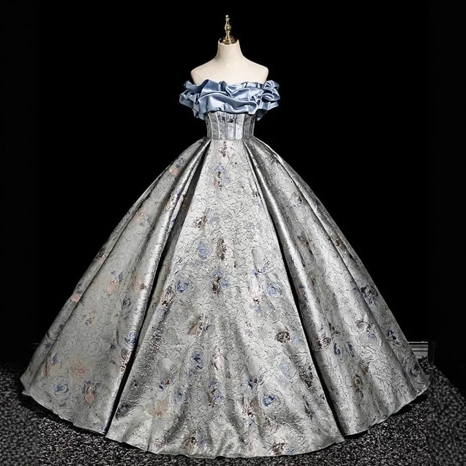 Elegant Pink Off-the-Shoulder Ruffle Neck Lolita Ball Gown Jacquard Floral Dress Tea Party Prom Formal Evening Victorian Dress
