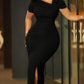 Elegant Bodycon Dresses for Women Skew Collar Short Sleeve Sheath Package Hips Mid Calf Professional Female Business Work Dress
