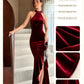 Burgundy Velvet Halter Neck Mermaid Gown High Neck Split Evening Party Dress for Women Wedding Guest Prom Formal Dresses