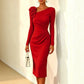 Banquet Dress for Women Elegant Sweet 3D Flower Ruched Bodycon Midi Robe Female Party Prom Vestidos Evening Gown Lady