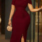 Elegant Bodycon Dresses for Women Skew Collar Short Sleeve Sheath Package Hips Mid Calf Professional Female Business Work Dress