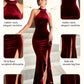 Burgundy Velvet Halter Neck Mermaid Gown High Neck Split Evening Party Dress for Women Wedding Guest Prom Formal Dresses