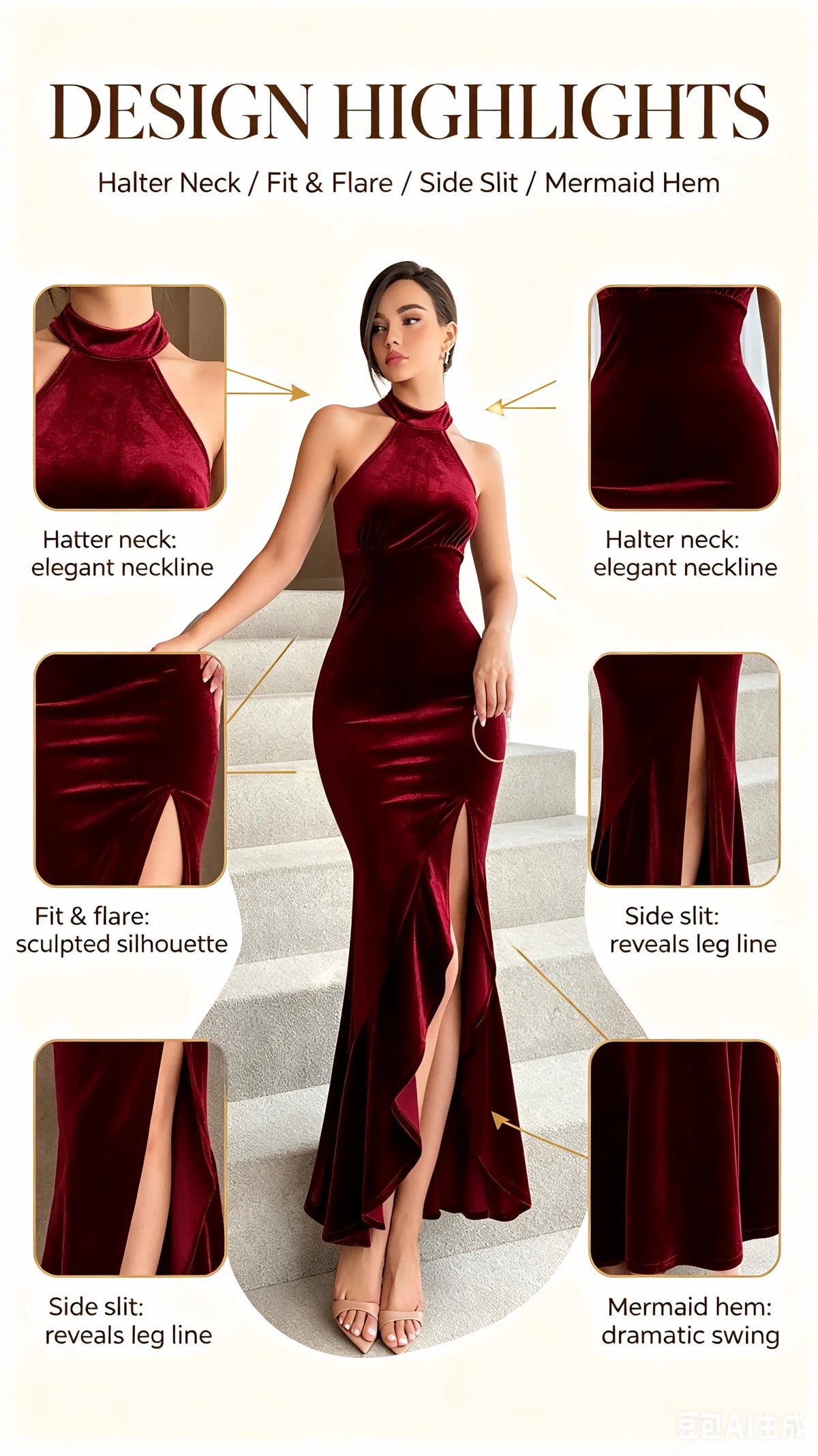 Burgundy Velvet Halter Neck Mermaid Gown High Neck Split Evening Party Dress for Women Wedding Guest Prom Formal Dresses