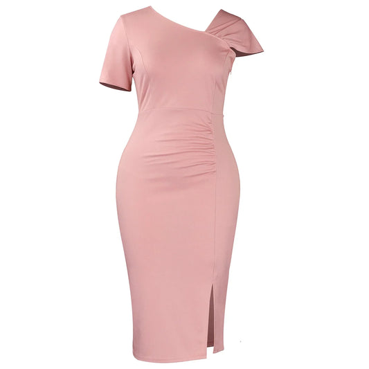 Elegant Bodycon Dresses for Women Skew Collar Short Sleeve Sheath Package Hips Mid Calf Professional Female Business Work Dress