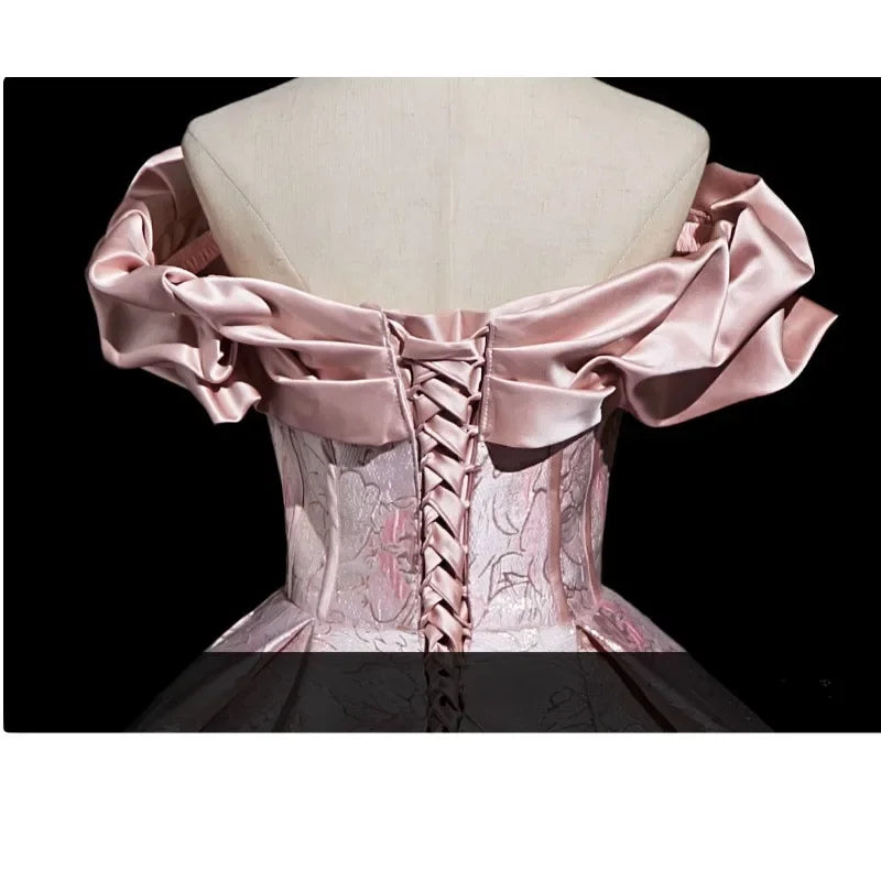 Elegant Pink Off-the-Shoulder Ruffle Neck Lolita Ball Gown Jacquard Floral Dress Tea Party Prom Formal Evening Victorian Dress