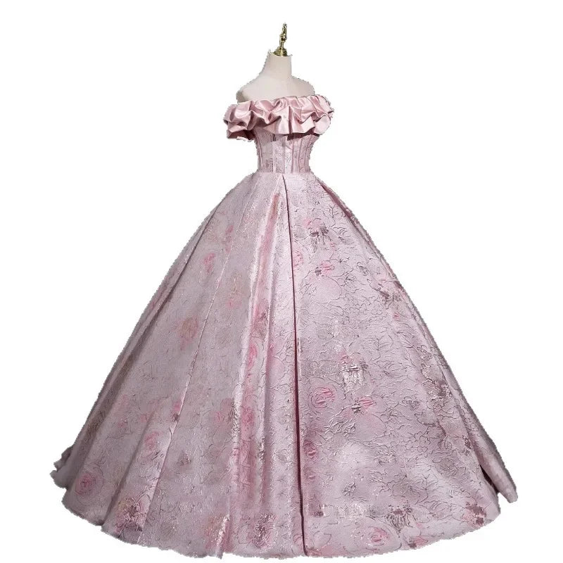 Elegant Pink Off-the-Shoulder Ruffle Neck Lolita Ball Gown Jacquard Floral Dress Tea Party Prom Formal Evening Victorian Dress