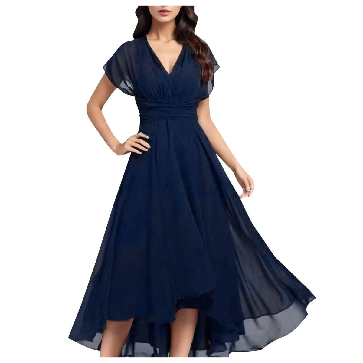 Elegant Women Chiffon Short Sleeve Long Dress V-Neck High Waist A-Line Evening Party Dress Tulle Cocktail Formal Dress Vestidos