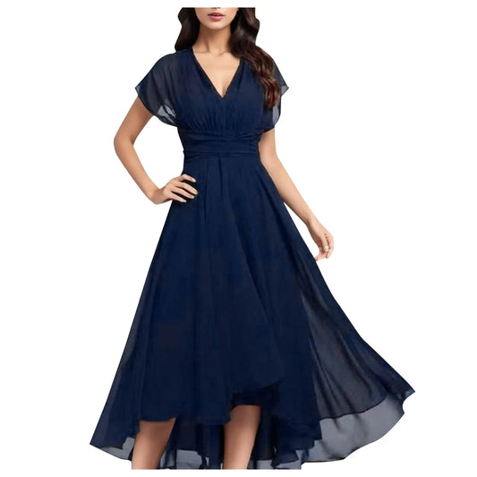 Elegant Women Chiffon Short Sleeve Long Dress V-Neck High Waist A-Line Evening Party Dress Tulle Cocktail Formal Dress Vestidos