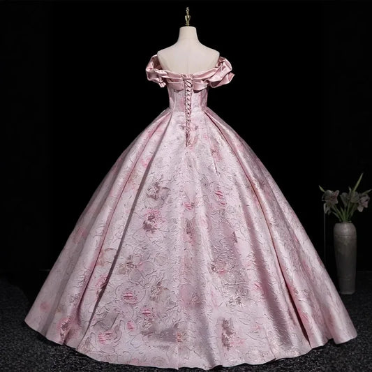 Elegant Pink Off-the-Shoulder Ruffle Neck Lolita Ball Gown Jacquard Floral Dress Tea Party Prom Formal Evening Victorian Dress