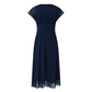 Elegant Women Chiffon Short Sleeve Long Dress V-Neck High Waist A-Line Evening Party Dress Tulle Cocktail Formal Dress Vestidos